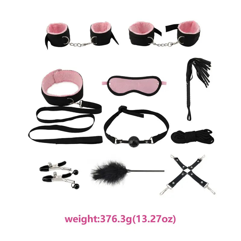 Kit BDSM 10 piezas esposa mano pies, cuerda, mordaza, collarín, pechera, pinza pezones, antifaz, fuete y plumilla