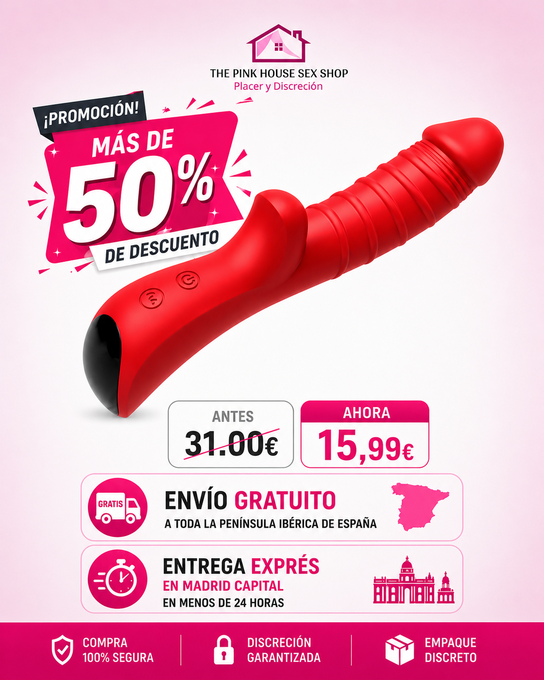 Rouge vibrador recargable de 10 velocidades con motor doble potencia