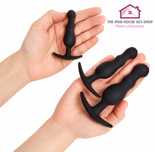 PLUG ANAL PACK 3 PIEZAS S 8,5cm, M 10,4cm, L 12,4cm  MODELO ESTIMULADOR PIMPOX - NEGRO