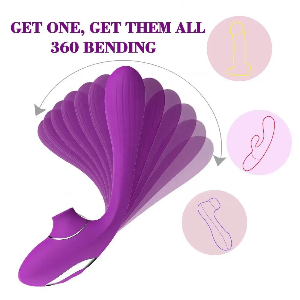 Vibrador 180º y succionador de clítoris/pezones empuje de aire flexible modelo 2023 con mas de 10 modos de succión y vibrado introducible