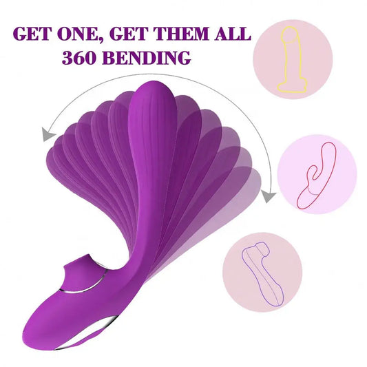 Vibrador 180º y succionador de clítoris/pezones empuje de aire flexible modelo 2023 con mas de 10 modos de succión y vibrado introducible