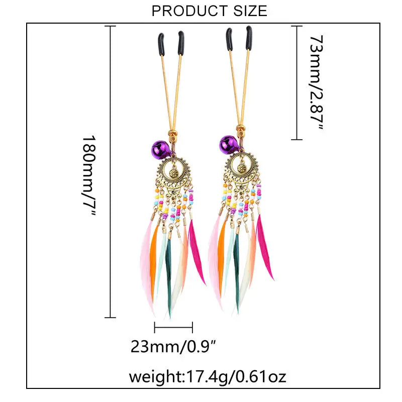 Pinzas fetichista aprieta Pezones con joyeria plumas de colores BDSM