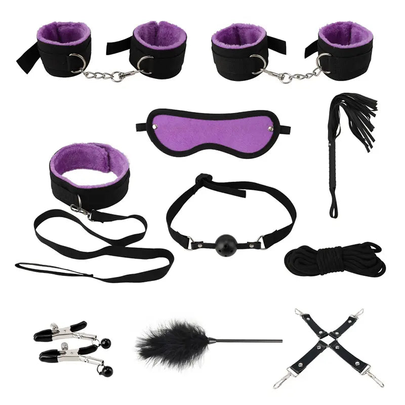 Kit BDSM 10 piezas esposa mano pies, cuerda, mordaza, collarín, pechera, pinza pezones, antifaz, fuete y plumilla