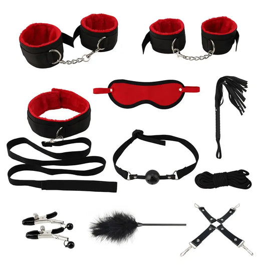 Kit BDSM 10 piezas esposa mano pies, cuerda, mordaza, collarín, pechera, pinza pezones, antifaz, fuete y plumilla