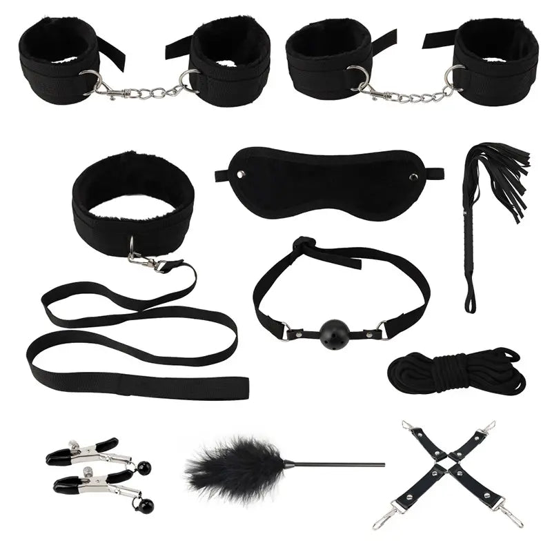Kit BDSM 10 piezas esposa mano pies, cuerda, mordaza, collarín, pechera, pinza pezones, antifaz, fuete y plumilla
