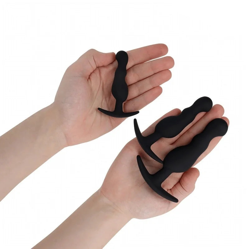 PLUG ANAL PACK 3 PIEZAS S 8,5cm, M 10,4cm, L 12,4cm  MODELO ESTIMULADOR PIMPOX - NEGRO